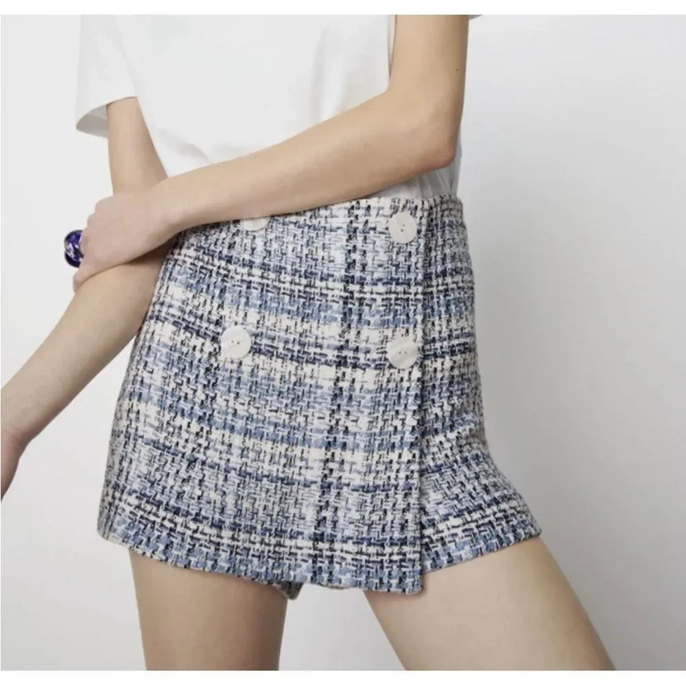 ZARA Textured Tweed Shorts Skort High Waist Blue White Buttons